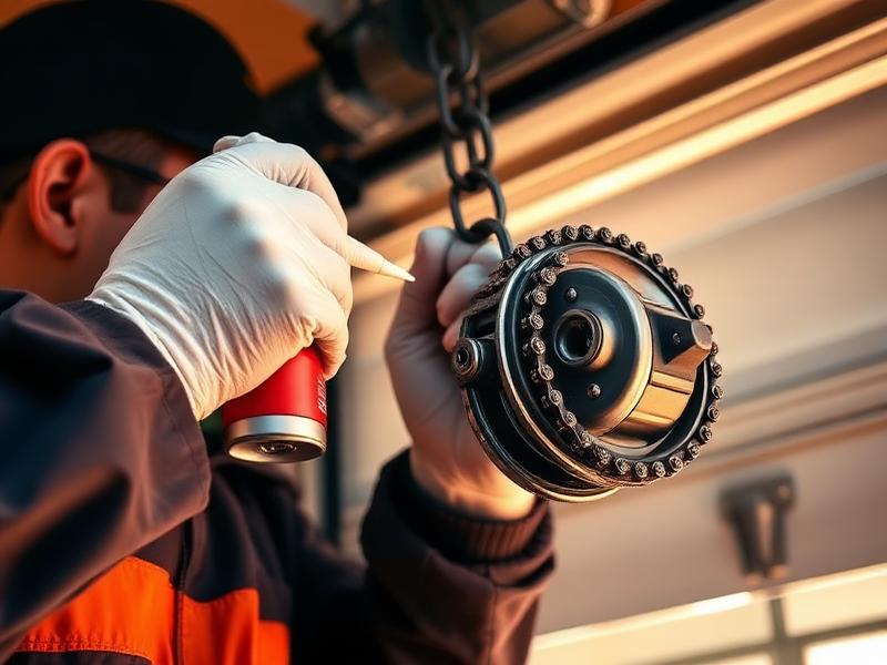 Professional technician lubricating garage door chain drive mechanism