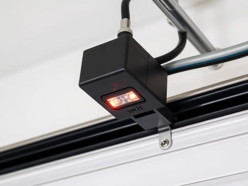 Modern garage door safety sensor and crush prevention system close-up