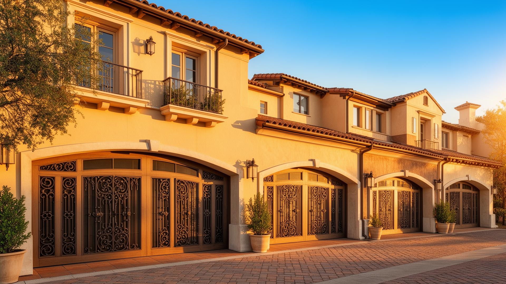 Beautiful Spanish colonial style garage doors with decorative iron grilles on upscale townhouse