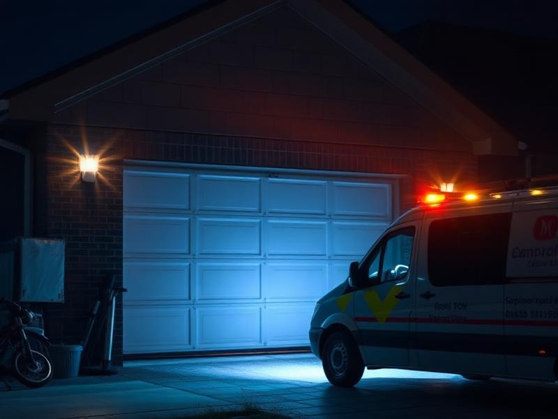 Emergency garage door repair service van responding at night