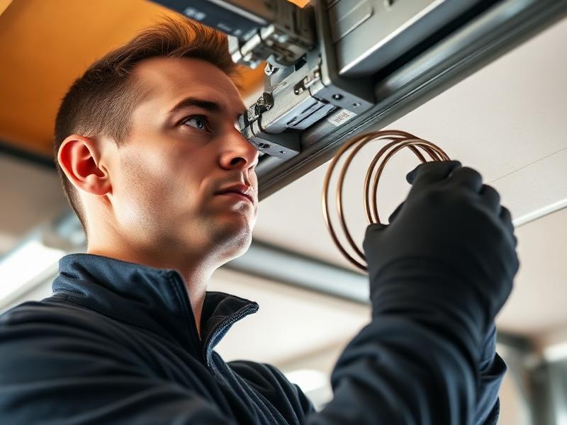 Close-up of professional garage door spring repair service