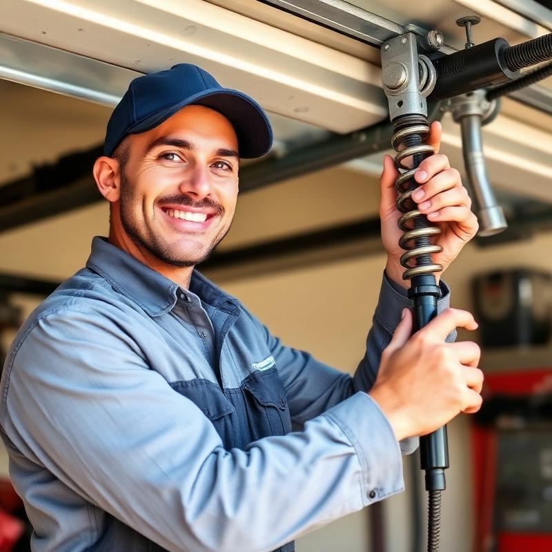 Friendly Riverside Garage Doors technician inspecting garage door springs